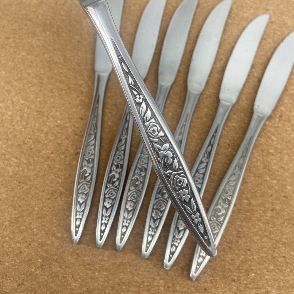 7 EKCO Eterna Santiago Custom Stainless Dinner Knives Rose Black Accent Japan